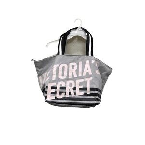 Victoria's Secret Canvas Tote Beach Duffle Bag Gray Black Pink 25.5"X13"X12" Zip